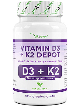 Vit4ever® Vitamin D3 20.000 I.E + Vitamin K2 200 mcg Menaquinon MK7 Depot - 180 Tabletten